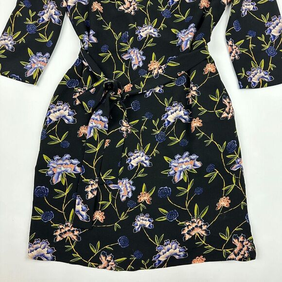 H&M Black Floral Sheath Dress Belt Tie Waist Keyhole Back High Neck Sz 4 Career - Picture 8 of 14